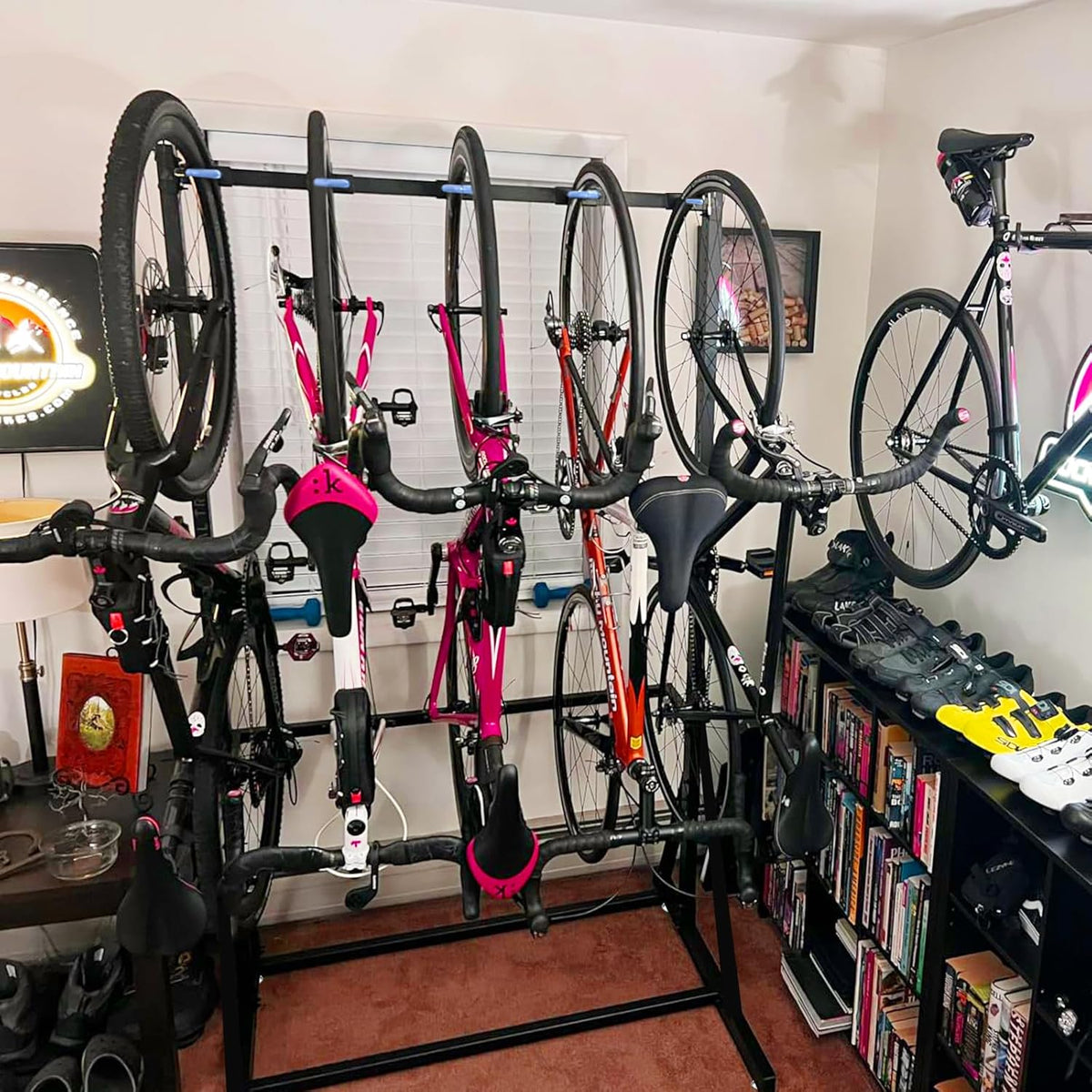 KAXIWEI Freestanding Bike Storage Rack，Vertical Bike Rack for Indoor Garage Floor Stand Max 5 Bike Bicycle Organizer Heavy-Duty Solid Steel Bike Storage Rack for Home and Garage Organizer