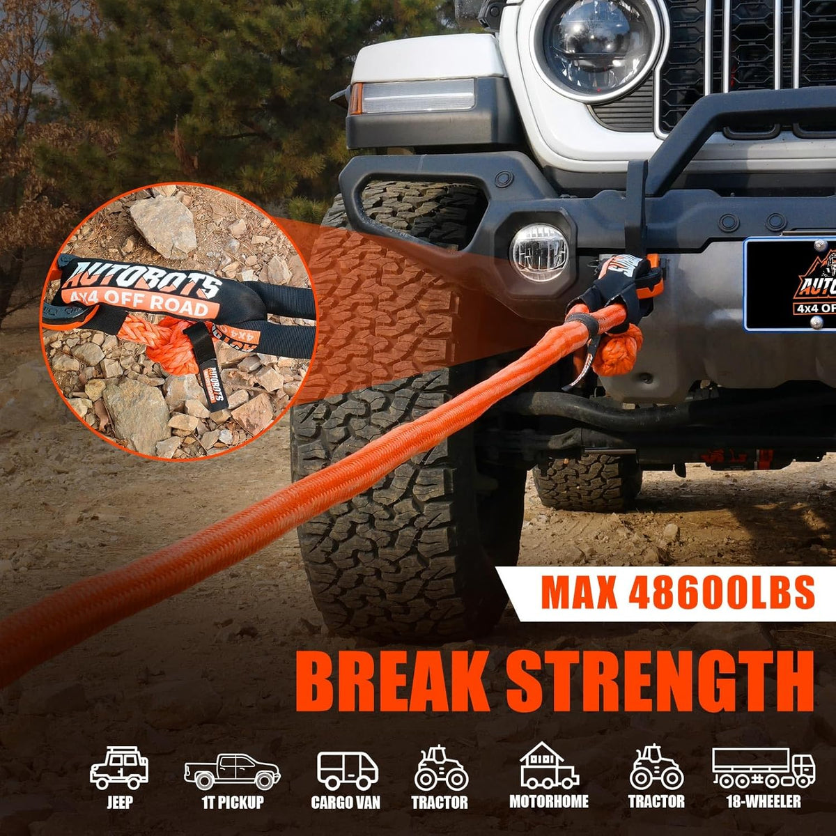 AUTOBOTS 1" x 20'Kinetic Recovery Rope (48,600lbs)，Heavy Duty Tow Rope Tow Strap for Truck ATV UTV SUV Car，Offroad Recovery Kit