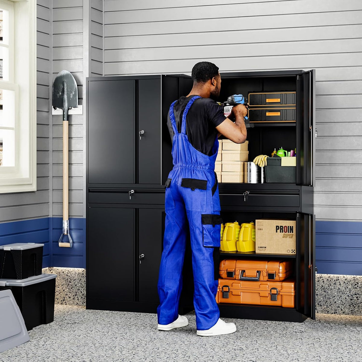 Yizosh Metal Garage Storage Cabinet with Locking Doors and Adjustable Shelves, 71" Tool Storage Cabinet with 1 Drawer for Garage,Warehouse (Black)