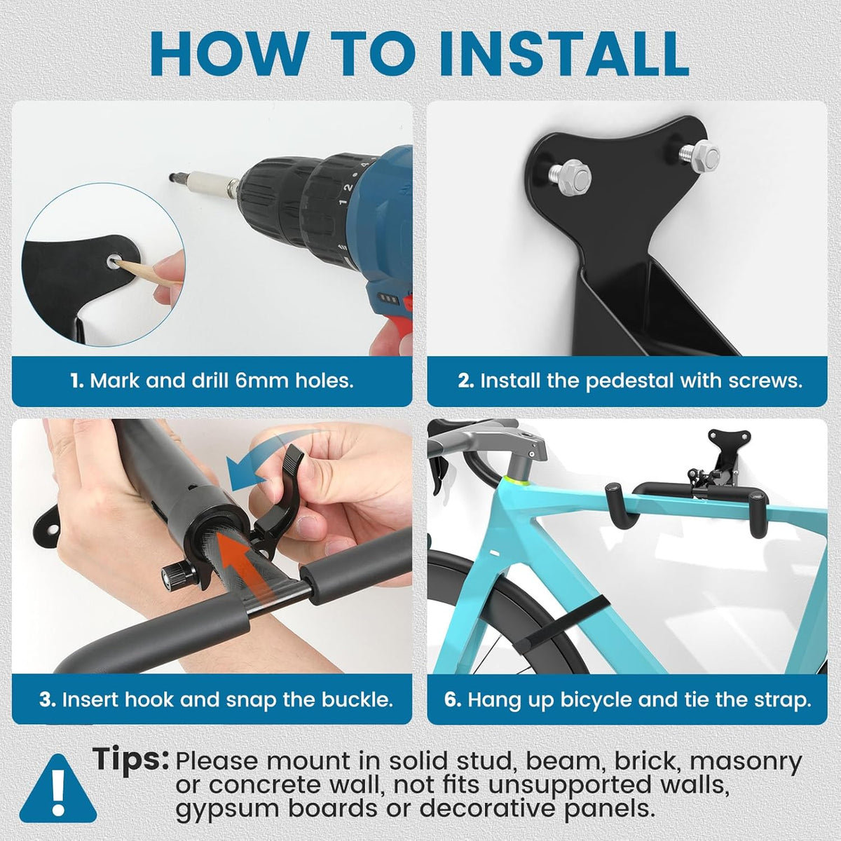 Bike Wall Mount - [1 Pack] EVA Foam Padded up to 48.5 lbs, Carbon Steel, Valve Mechanism, Heavy-Duty Adjustable Bike Wall Hanger for Road, Mountain and Hybrid Bikes, Garage & Apartment