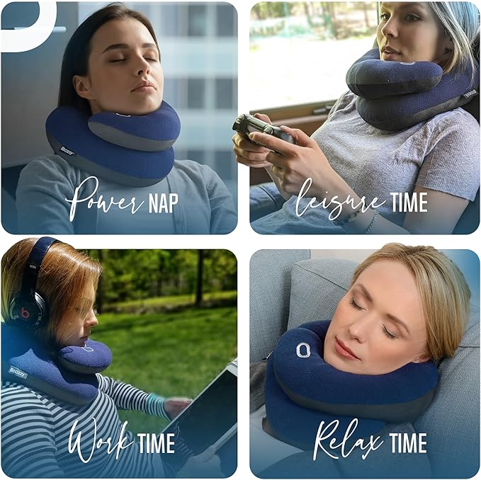 BCOZZY Organic Cotton Double Support Neck Pillow for Travel - 3 Ergonomic Positions for Head, Neck, and Chin Comfort - Ideal for Sleeping Upright on Flights, Cars, and at Home – X-Large, Navy