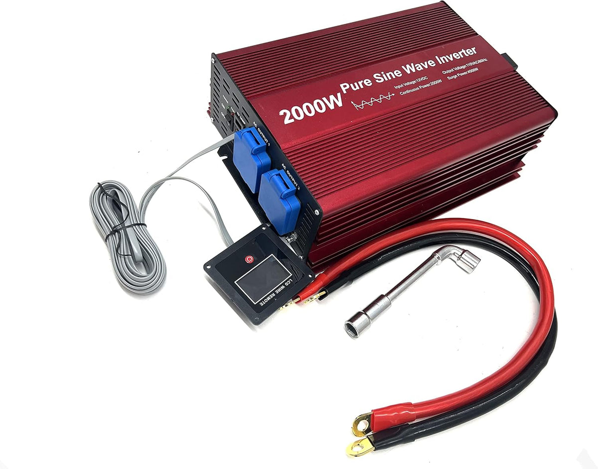 2000W Pure Sine Wave Inverter 12V to 120V AC with 2 AC outlets (IP54 ETL Approved Sockets),DC5V 2 Amp USB Output, LCD Wire Remote kit and OFC Battery Cables,Input terminals Fixing Wrench