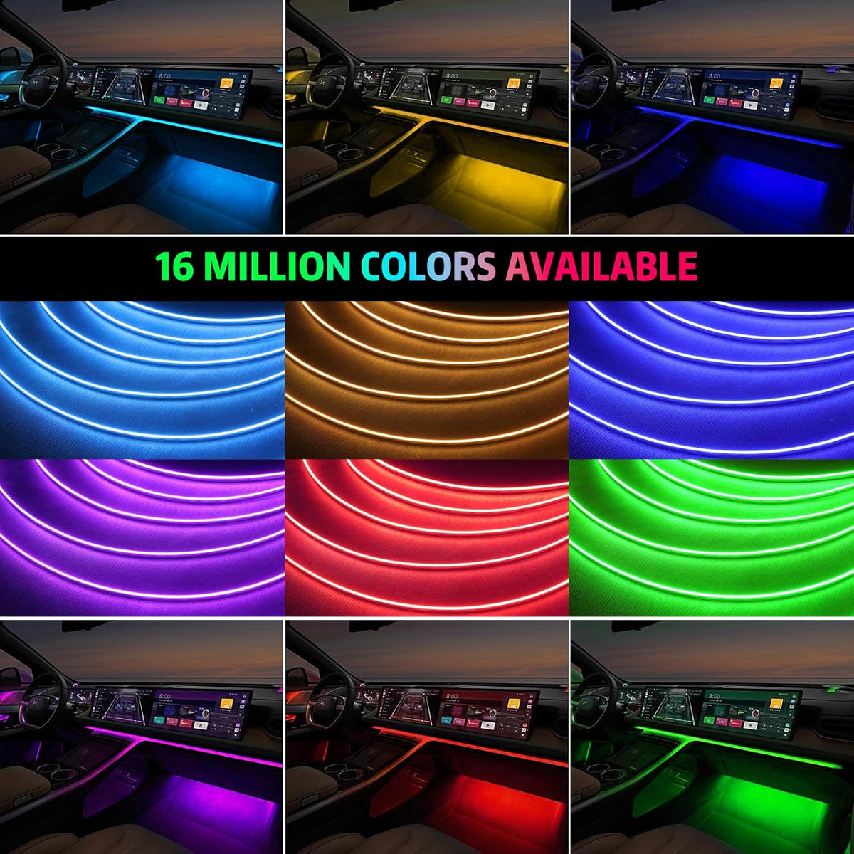 Acrylic Interior Car Lights, AMKI Car LED Strip Light with APP Control, Accessories Car Ambient Light Kit with RGB 14 in 1 and 175 inches 593 LEDs, 16 Million Colors Music Active Neon Lighting