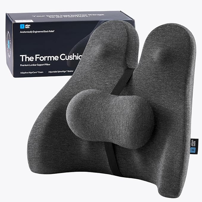 Lumbar Support Pillow for Office Chair - Lower Back Pain Relief Cushion with Adjustable SpineAlign™ Bolster, Memory Foam Pillow for Car, Couch, Gaming Seats - Dual Straps, Dark Grey