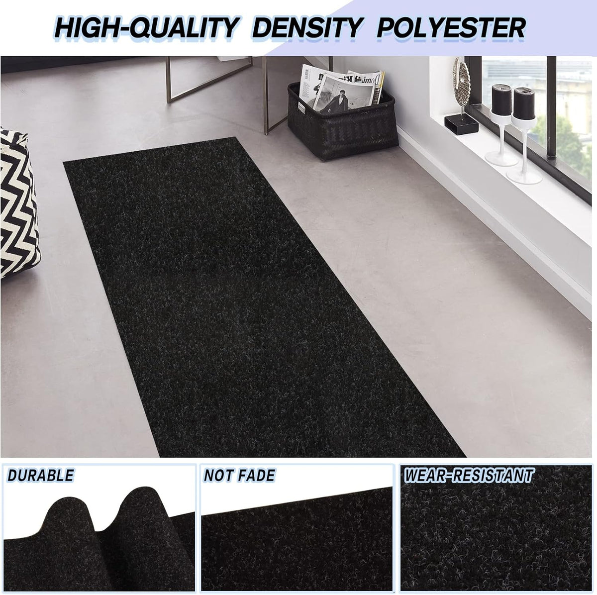 Custom Size Backed Non-Slip Area Rugs Runner, Easy Clean, Waterproof Runner Rugs for Hallway Entryway, Kitchen, Laundry, 3FT x 27FT, Black