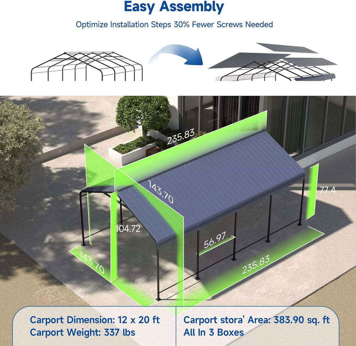 STHOUYN Car Ports 12x20 Heavy Duty Metal Carport Kit, UPF50+ UV Protection Galvanized Steel Car Port for RV/Vehicle Outdoor, 130mph Windproof & 50PSF Snow Load Shelter, Easy Assembly