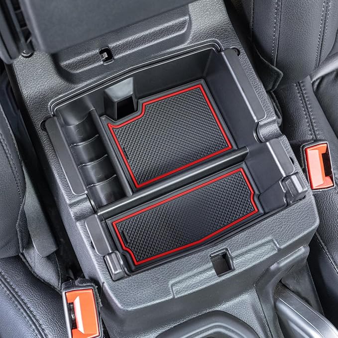 PIMCAR Center Console Organizer for Jeep Wrangler JL/JLU (2018-2026) & Gladiator JT (2020-2026) | Armrest Storage Tray | Interior Accessories (Not for JK/JKU) | Red Liner Trim