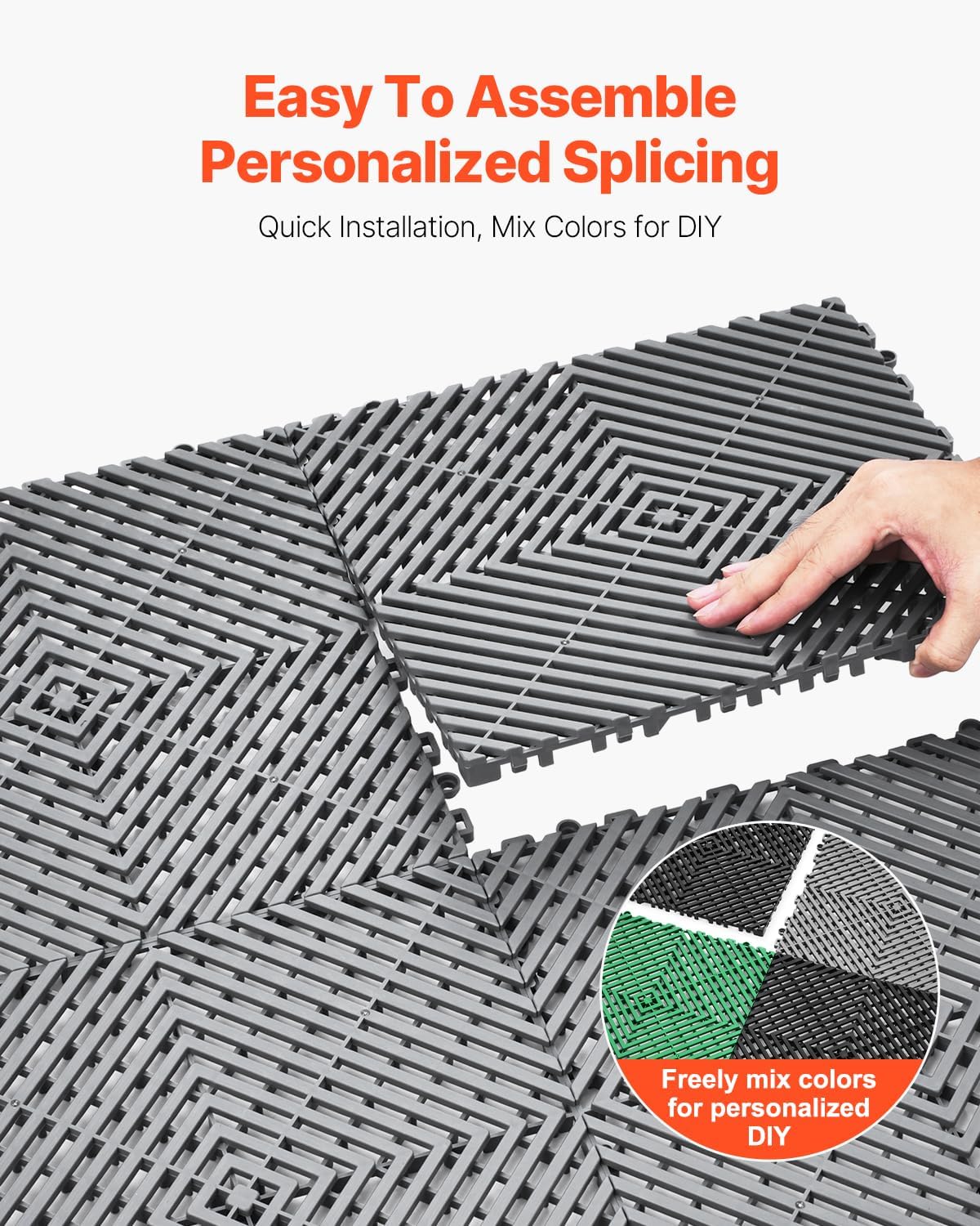 VEVOR Interlocking Drainage Mat, 12” x 12” Modular Interlocking Cushion, 40 Pcs Splicing Drainage Mats, Non-Slip Gray PP Drainage Floor Tile and Shower Mat, for Garage, Garden, Kitchen & Outdoor