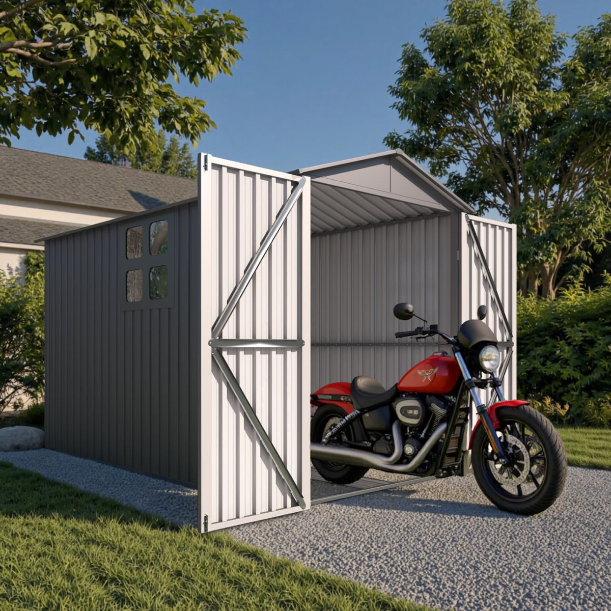 5’ x 10’ Motorcycle Storage Sheds, Metal Shelter & Garage with Windows and Lockable Door Handle, Heavy Duty Vehicle Shed for All Weather, Track System Included, Anthracite with White Trim