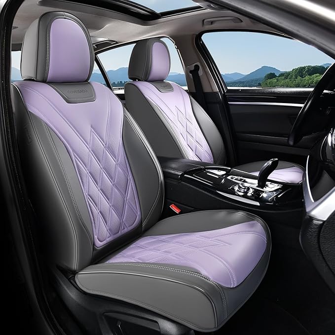 Coverado Car Seat Covers Full Set, Seat Covers for Cars, Waterproof Leather Automotive Seat Cover, Universal Car Interior Protectors Cushion for Most Cars Gray_Pruple