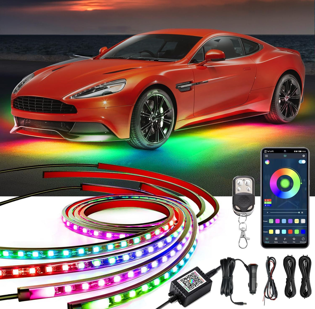 Underglow Car Lights, 252 LEDs RGBIC 4 pcs Dream Color Dancing Chasing Strip Lights with 16 Million Colors and 213 Scene Modes with App and Remote Control, 5 Music Modes for All Cars