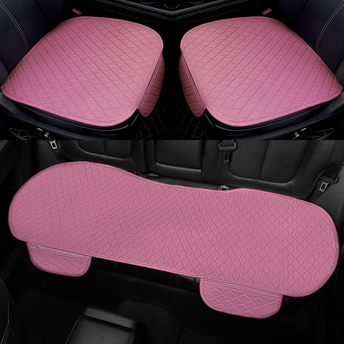 3 PCS Linen Car Seat Covers with Storage Pocket, Back Seat Covers Protectors with Non-Slip, Breathable Bench Seat Covers Universal Fit for SUVs, Cars, Trucks (Pink)