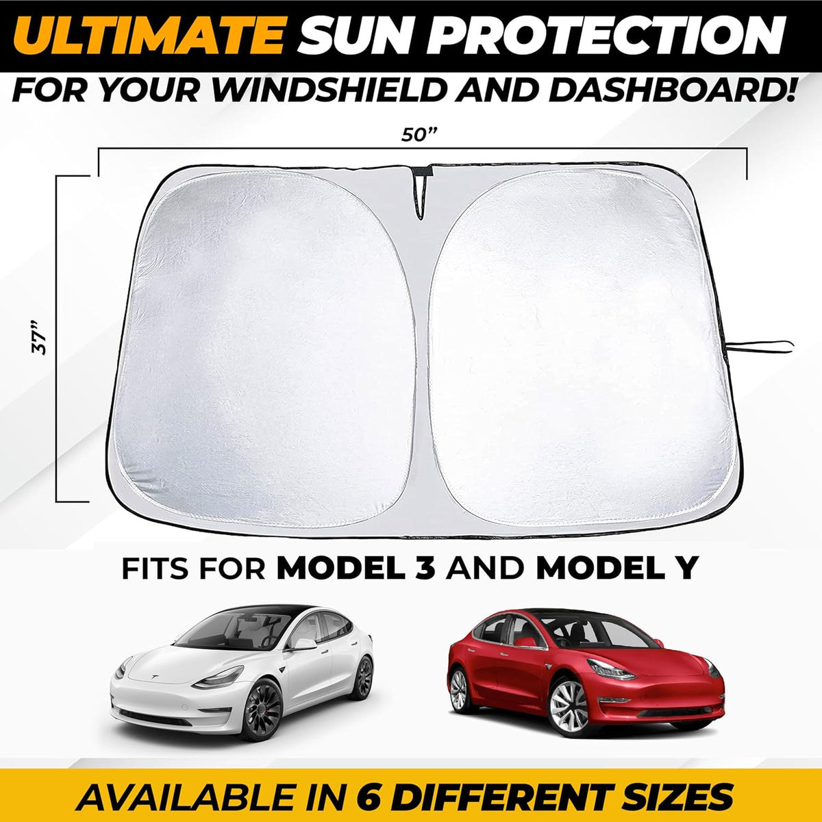 Tesla Windshield Sun Shade for Model(3/Y)(2016–2025) – XX-Large 56" x 36", Foldable Front Sunshade with Storage Bag | Reflective 240T Polyester | Blocks UV Rays&Heat – Interior Protection Accessory