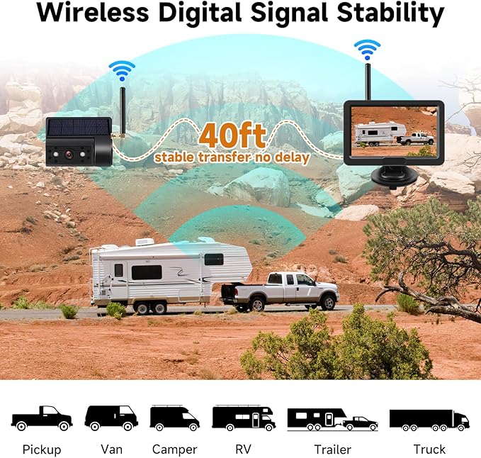 Magnetic Solar Wireless Backup Camera with 5” HD Monitor No Wiring Rechargeable Battery IP68 IR Night Vision Rearview Camera System for Car RV Truck 5th Wheels Skid Steer Horse Trailer Hitch Camera