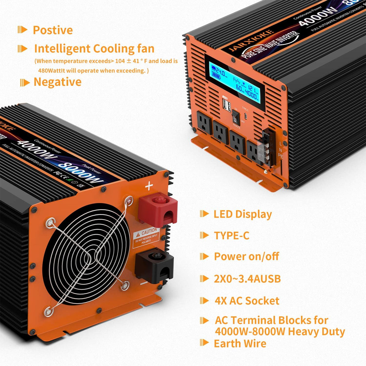 4000 Watt Pure Sine Wave Power Inverter 24V DC to 110V 120V Converter for Family RV Off Grid Solar System Car with Type-C Ports 4 AC Power Outlets Dual USB Ports LCD Display and Remote Control