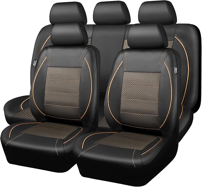 CAR PASS Piping PU Leather Car Seat Cover Full Set,Inside Zipper Design and Reserved Opening Holes,Airbag Compatible,Universal FIT for Car, SUVs,Van,Small Trucks（Full Set, Black & Gold）