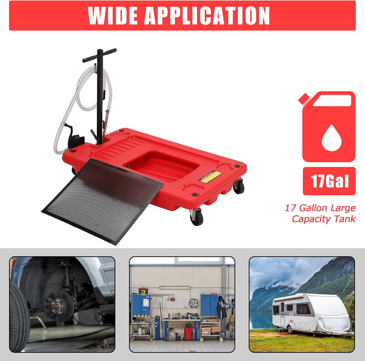 ‌17 Gal Low Profile Oil Drain Pan, Heavy Duty Mobile Oil Changing Pan with Hand Pump, 8 Ft Hose & Quick Drain Valve, Leak-Proof Design for Truck Car Motorcycle, Garage Workshop Use