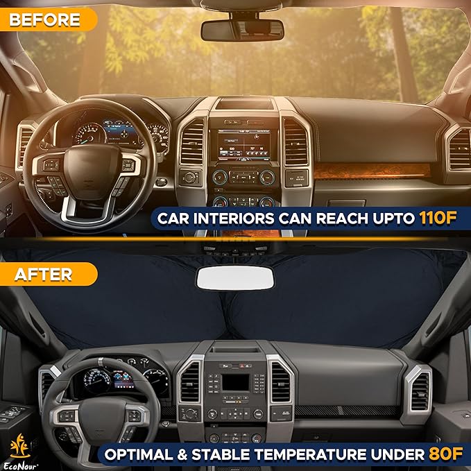 EcoNour Truck Windshield Sun Shade with Storage Pouch | Reflective 240T Material Sun Shield for UV & Heat Protection | Foldable Windshield Cover | Must-Have Truck Accessories | X-Large (69"x35")