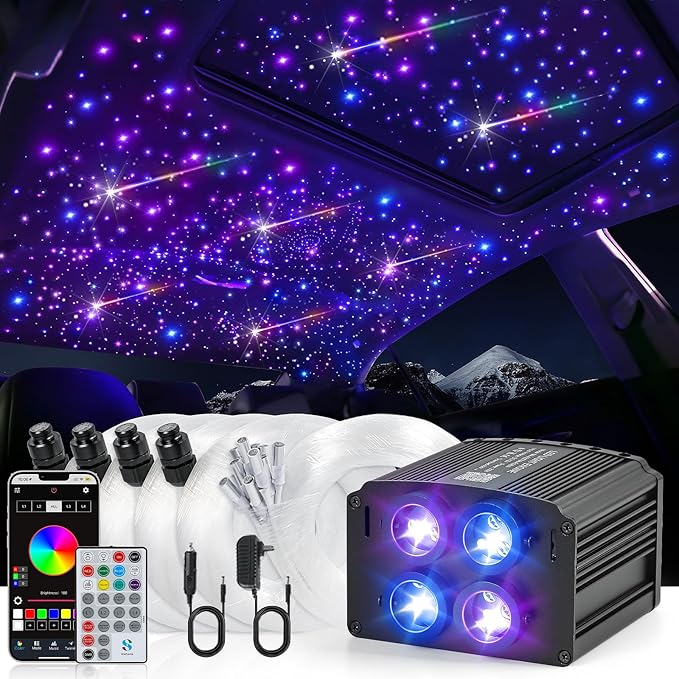Car Starlight Headliner Kit, 4 Colors 32W Twinkle & Meteor Fiber Optic Ceiling Lights, 2 in 1 Light Engine 1000pcs*0.03in*13.1ft+240 RGBW Shooting Stars Lights for Car Roof Décor
