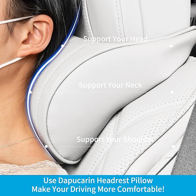 Car Headrest Memory Foam Neck Pillow for Driving with Leather Cover Soft Comfortable Seat Head Pillow Cushion for Most Cars SUV Sedan Home Office Off-White (Beige) (2PC)