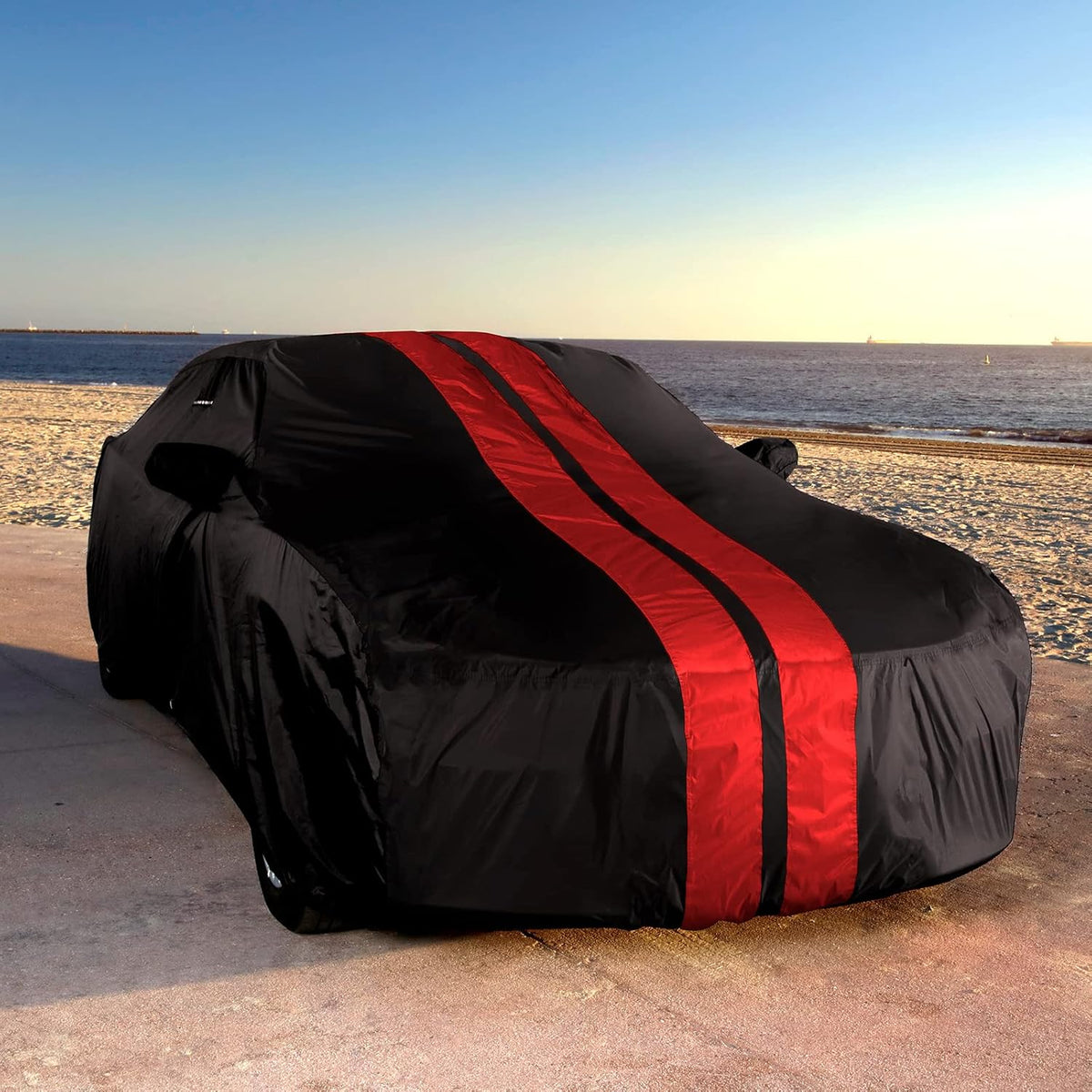 iCarCover Custom Car Cover for 1993-2002 Chevy Camaro STD, Z28, SS Waterproof All Weather Rain Snow UV Sun Protector Full Exterior Indoor Outdoor Car Cover (Stripe - Black/Red)