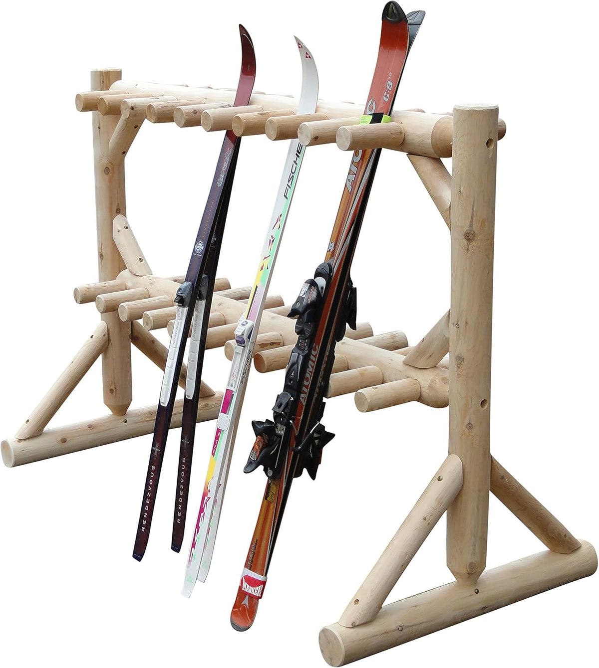 17-Pair Freestanding Skis + Snowboard Log Rack, Standing Shorter Ski Storage Racks, Snowboard Sports Organizer, Ski Poles Garage Sports Equipment Organizer, Rack for Snowboards - Unfinished