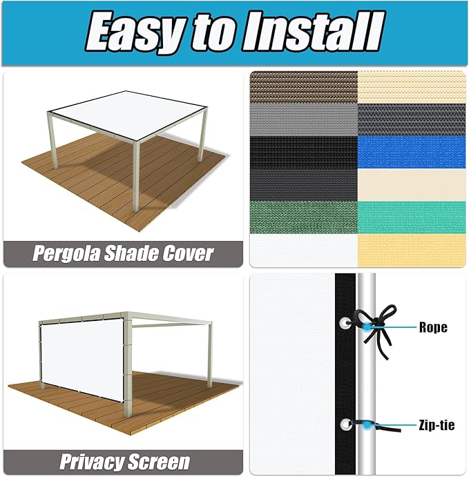 Amagenix 90% Pergola Shade Cover 11' X 11' Sun Shade Cloth with Grommets for Outdoor Garden Patio Porch, Commercial Grade 200 GSM - Cable Zip Ties Included (We Customized) GN108, White