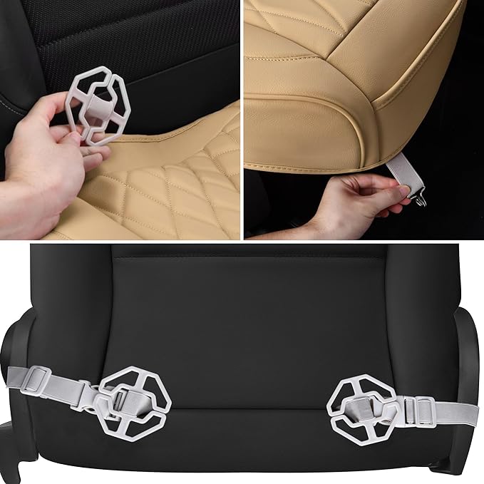 CAR PASS 2 Pack Leather Front Car Seat Covers, Bottom Seat Covers Full Wrapped with Storage Pocket, Anti-Slip Leather Seat Protectors,Waterproof Seat Cushion Universal Fit Sedan SUV Truck, Light Beige