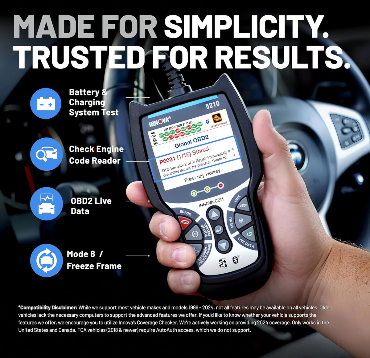Innova 5210 OBD2 Scanner & Engine Code Reader, Battery Tester, Live Data, Oil Reset, Car Diagnostic Tool for Most Vehicles, Bluetooth Compatible with America's Top Car Repair App