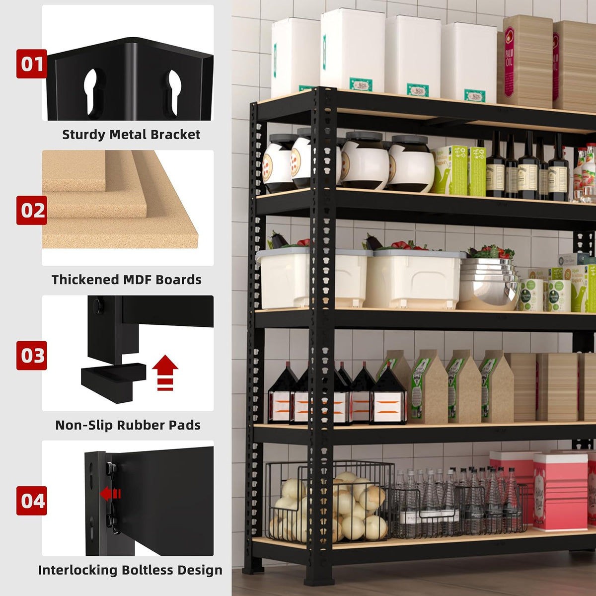 35.5" W x 16" D x 71" H Adjustable Garage Storage Shelves - 5-Shelf Heavy Duty Shelving Unit, Metal Utility Storage Organizer Racks for Warehouse Pantry Closet Kitchen, Black