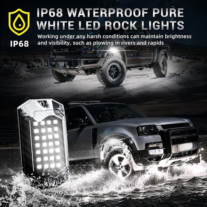 8 Pods Full Angle Pure White LED Rock Lights for Jeeps Truck Golf Cart ATV UTV RZR SUV Offroad Pickup, 6500K Super Bright Waterproof White Underglow Kit with Switch Wiring Harness Extension Wires