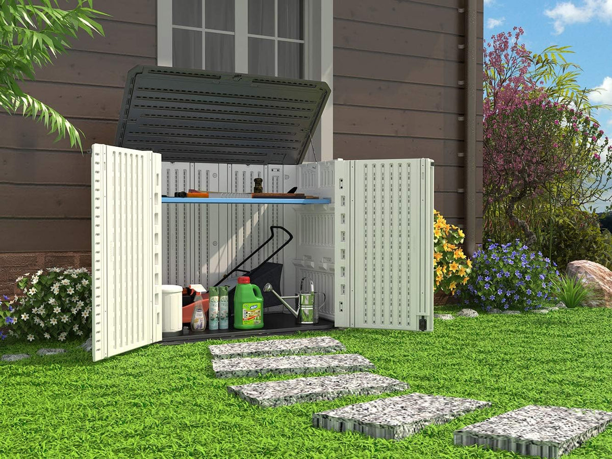HOMSPARK Storage Shed Weather Resistance, Multi-Purpose Outdoor Storage Cabinet for Backyards and Patios, 26 Cu.ft Capacity Horizontal Storage Shed for Bike, Lawnmower, Trash Cans, Patio Accessories