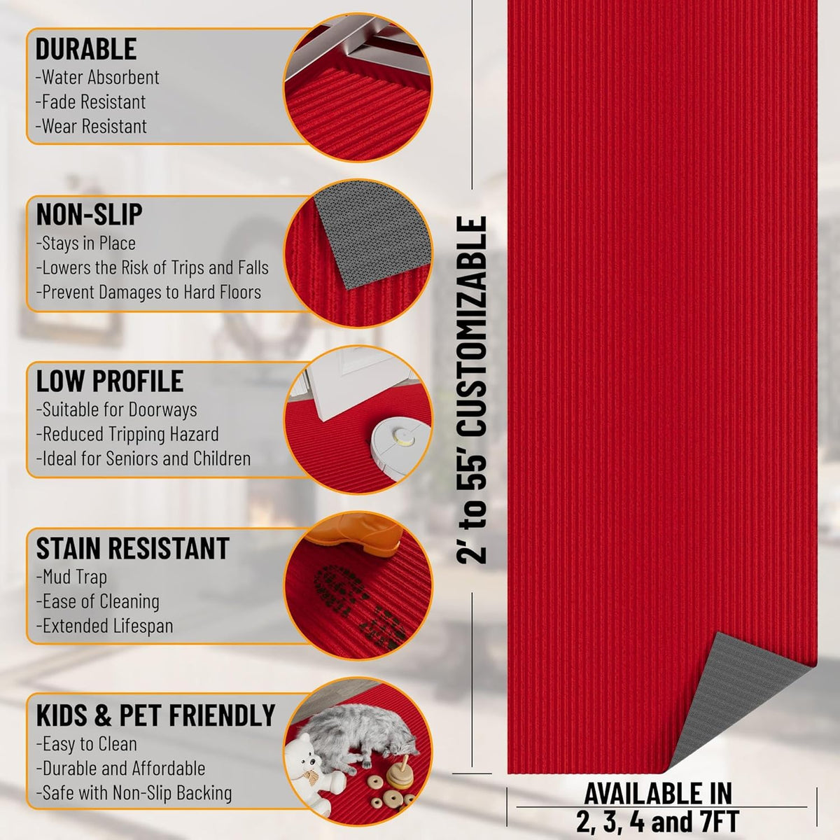 Ottomanson 2'7" x 10' Hallway Runner with Scraper Pile Extra Durable Non-Slip Rug Mat for Indoor & Outdoor Use - Ideal for Kitchen, Entryway, Patio & Garage - High-Traffic Carpet, Red