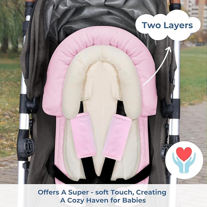 COOLBEBE New Babybody Support & Strap Covers Set for Newborn Infant Toddler- Extra Soft Stroller Cushion Pads Car Seat Insert, Perfect for Carseats, Strollers, Swings, Pink