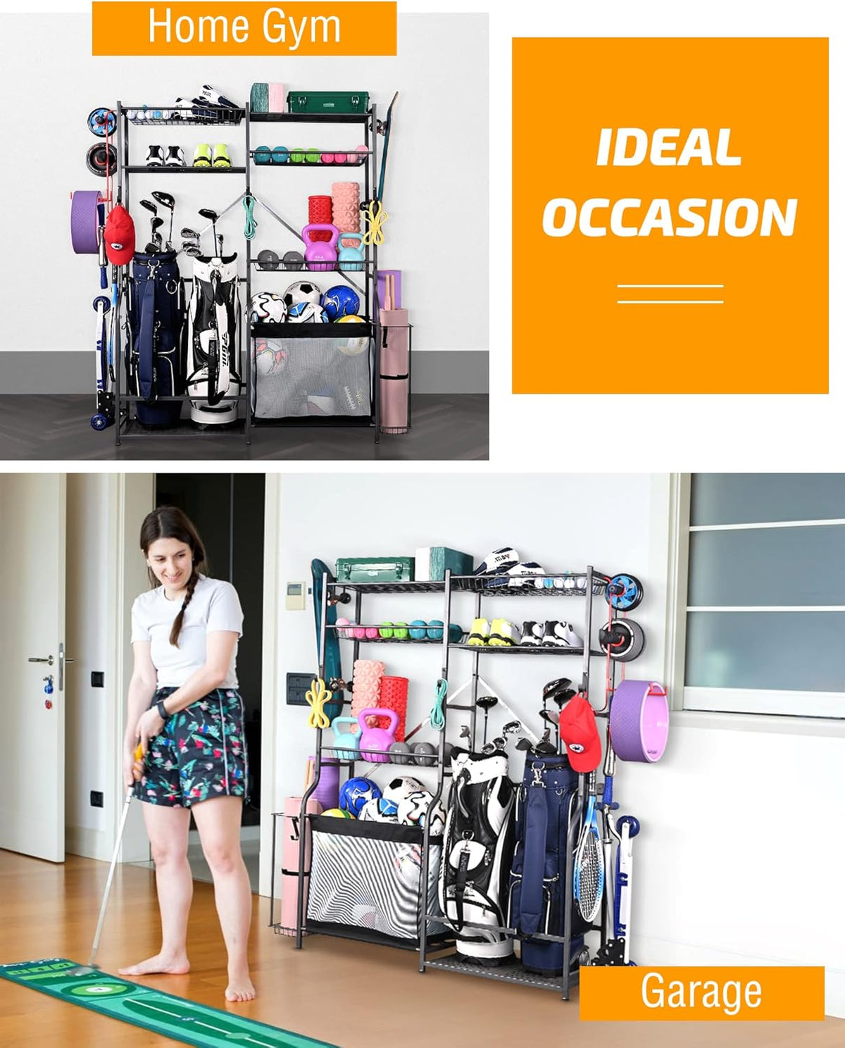 PLKOW Golf Storage Ball Rack Garage Organizer, 2 Golf Bag Organizer and Other Sports Equipment Organizer for Garage, Extra Large Size Sports Storage Rack for Garage