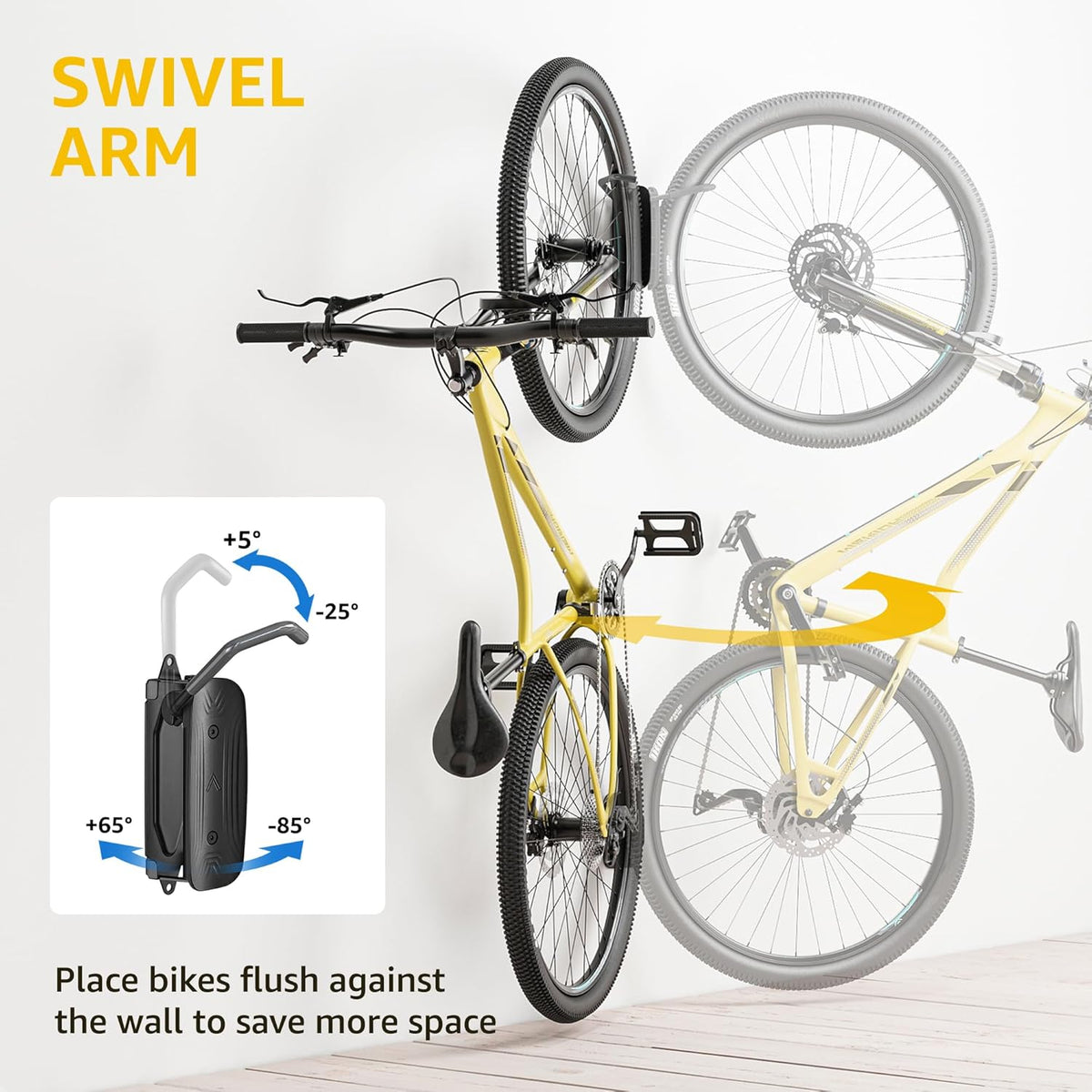 monTEK Swivel Bike Wall Mount – Garage Bike Hanger & Space-Saving Vertical Bike Rack for Garage & Apartment, Sturdy Bike Storage Hook Holds up to 66 lbs, Easy Installation & Scratch-Proof Design