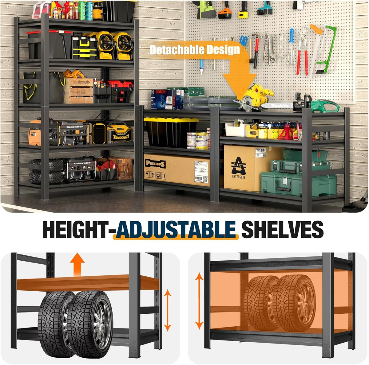 Heavy Duty Commercial Metal Garage Shelving Rack,Adjustable Industrial Steel Storage Shelves for Warehouse, Garage, Basement, 87" H x 47.2" W x 23.6" D, Black