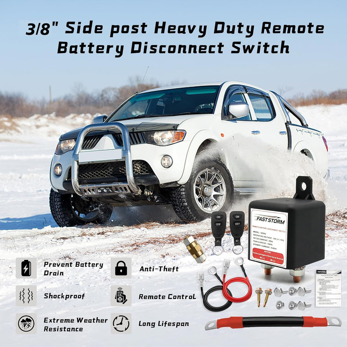 3/8" Side Post Remote Battery Disconnect Switch 12V Battery Kill Switch for Car Truck UTV ATV Marine On/Off 200/1000 AMP Heavy Duty Anti Theft Battery Cut/Shut Off Switch