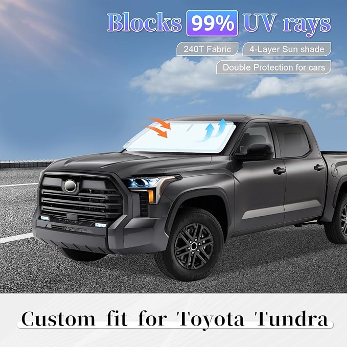 Sun Shade Sunshade for Toyota Tundra 2022-2024 2025 2026 Windshield Cover, 4-Layer Front Window Shade Custom fit Tundra Limited SR5 TRD Pro Pickup Sun Visor 240T Shade Blocks UV Car Accessories