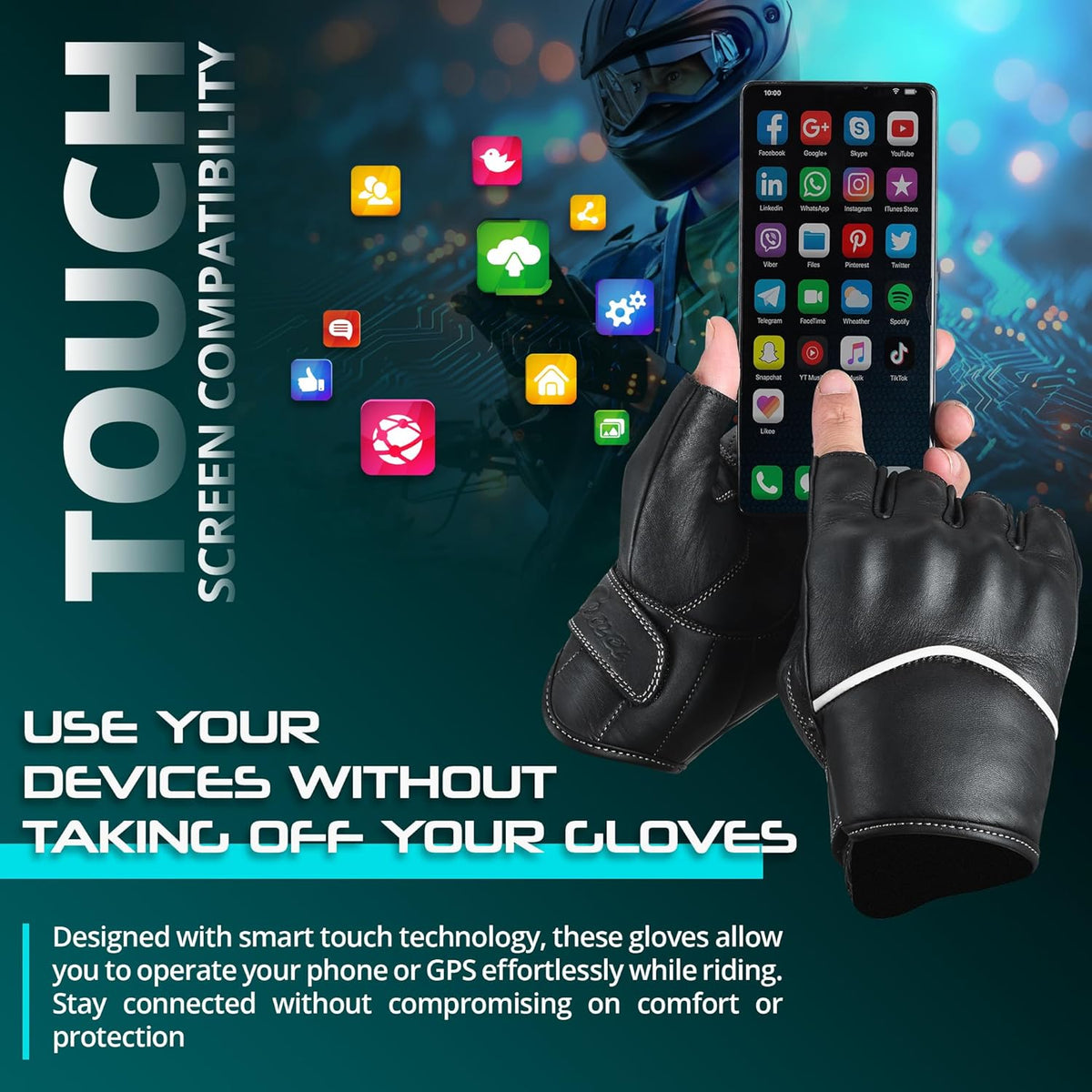 aasportx Motorcycle Gloves - Men's Leather Motorbike Gloves with Touchscreen Function - Non-Slip Pads for Men & Women
