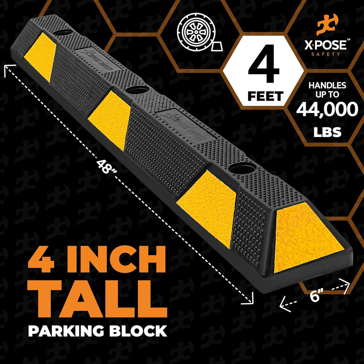 Xpose Safety 48" Heavy Duty Rubber Parking Stopper – 10 Pack Wheel Blocks for Garage, Driveway, or Ramp – Car Bumper Stop with Yellow Reflective Strips – Removable Floor Mount