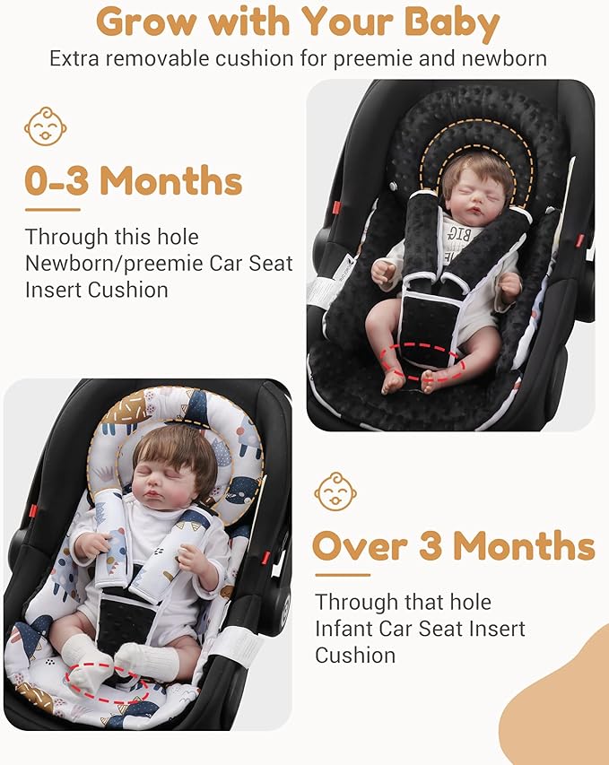 Infant Car Seat Insert with Removable Cushion for Baby Preemie Newborn Infant, Reversible carseat Insert Head Body Support Fits for Stroller, Baby Swing, Rocker, Bouncer, Bassinet - Black
