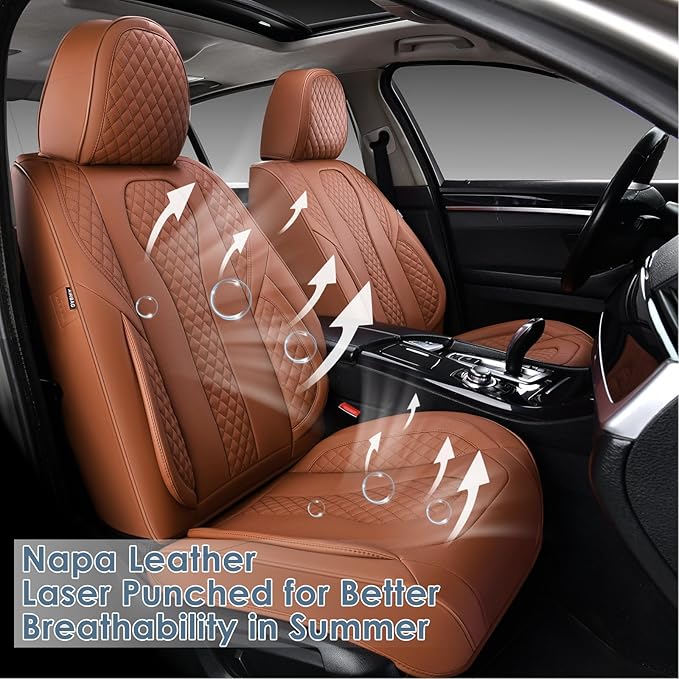 KEYOOG Car Seat Covers Full Set, 2-Seater Waterproof and Breathable Nappa Leather, Fit for Front Seats of Cars, Compatible with Airbags, Car Seat Protector Covers for Most Cars - All Brown