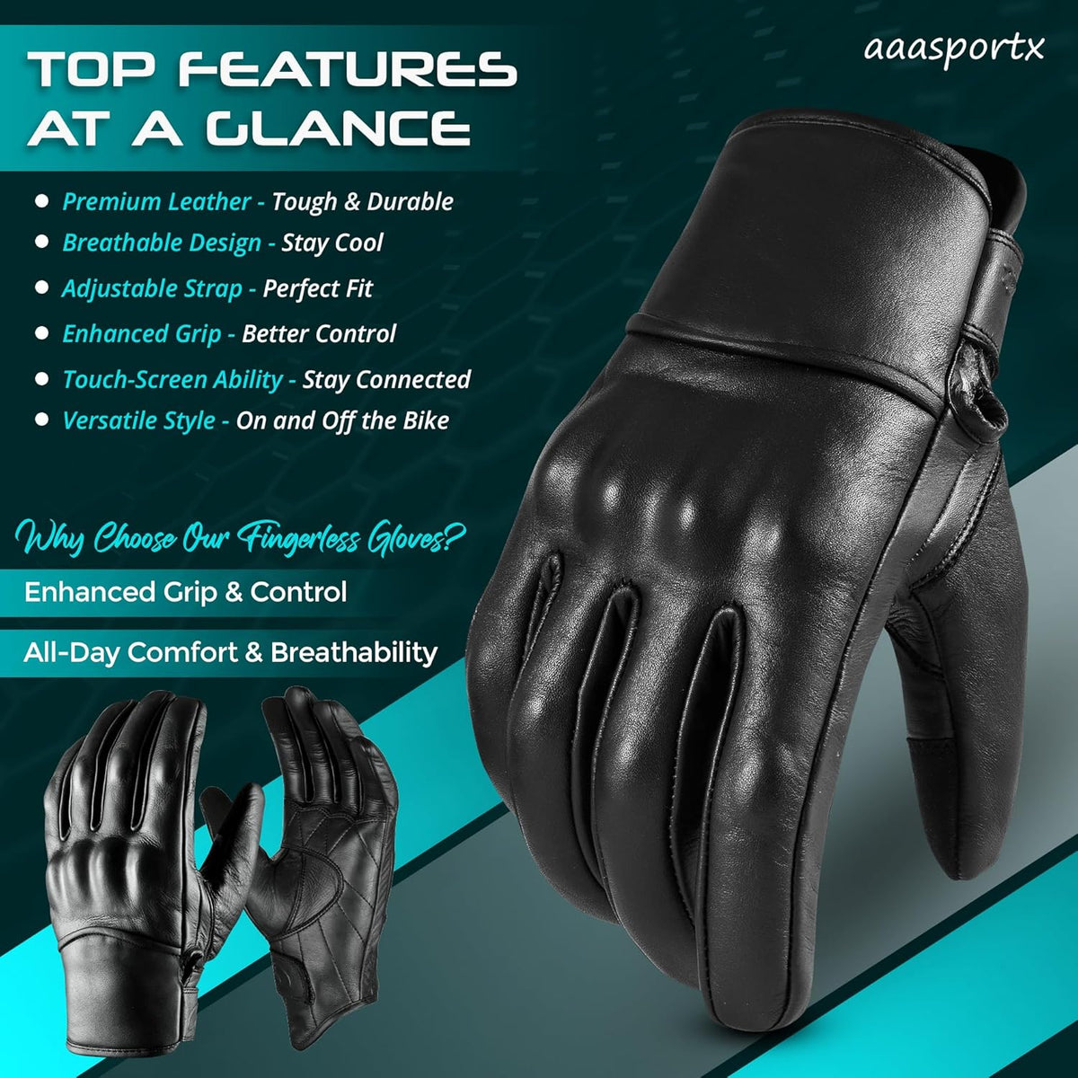 aasportx Motorcycle Gloves - Men's Leather Motorbike Gloves with Touchscreen Function - Non-Slip Pads for Men & Women