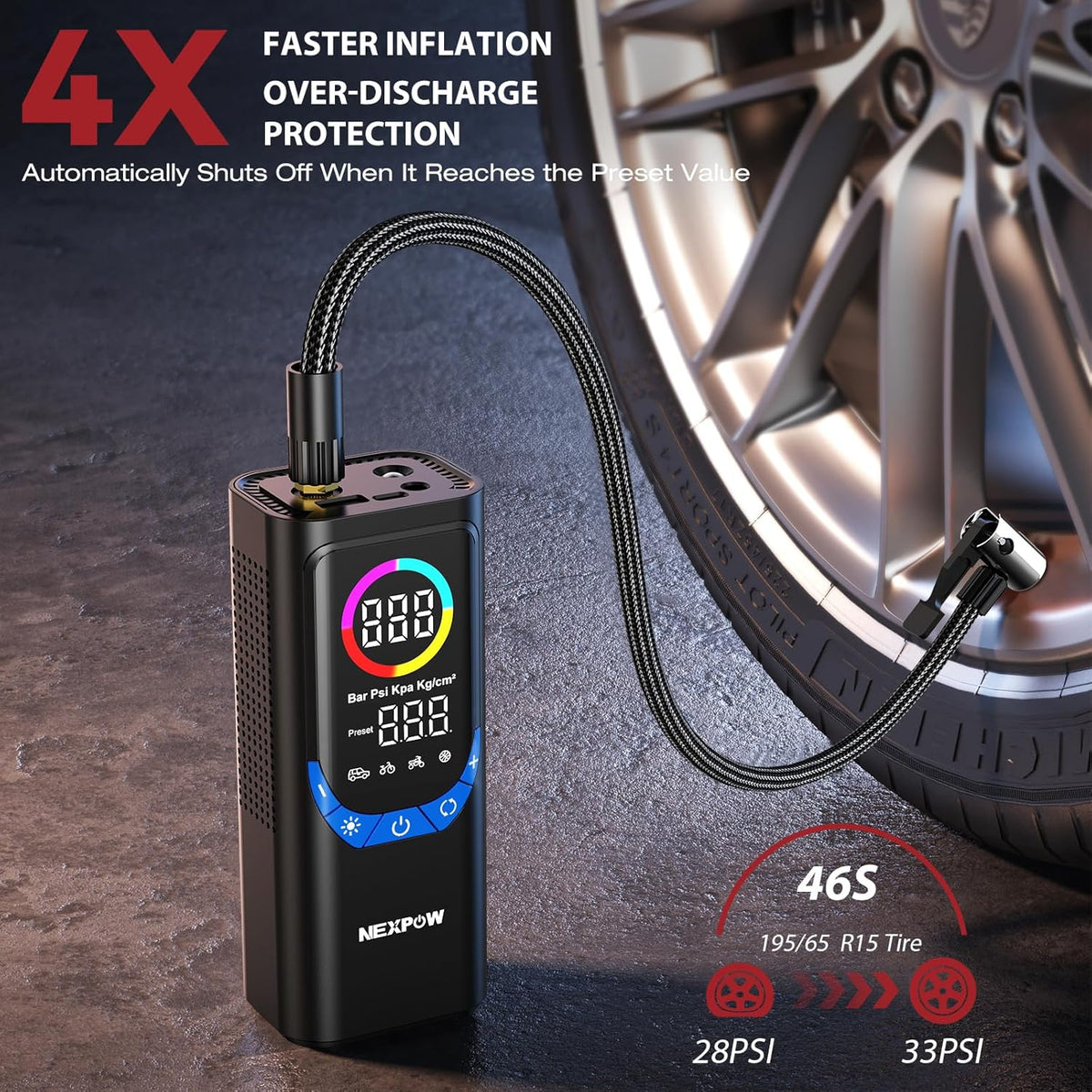 NEXPOW NP17 Portable Air Compressor, 150 PSI Digital Tire Inflator, Fast Inflation with Auto Shut-Off, LED Light, Multiple Nozzles for Car, Bike, and Ball, Compact Design, Blue
