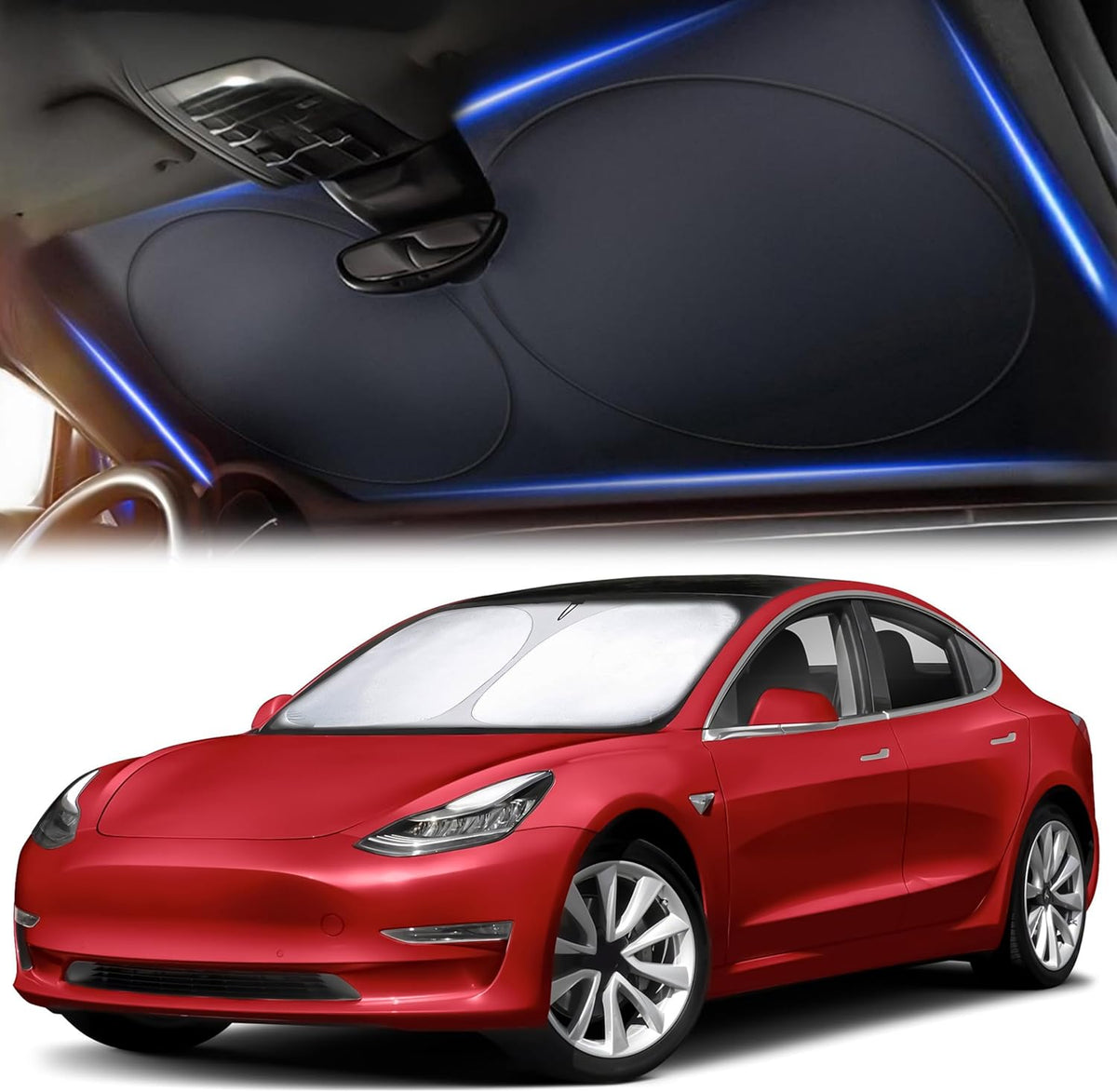 Tesla Windshield Sun Shade for Model(3/Y)(2016–2025) – XX-Large 56" x 36", Foldable Front Sunshade with Storage Bag | Reflective 240T Polyester | Blocks UV Rays&Heat – Interior Protection Accessory