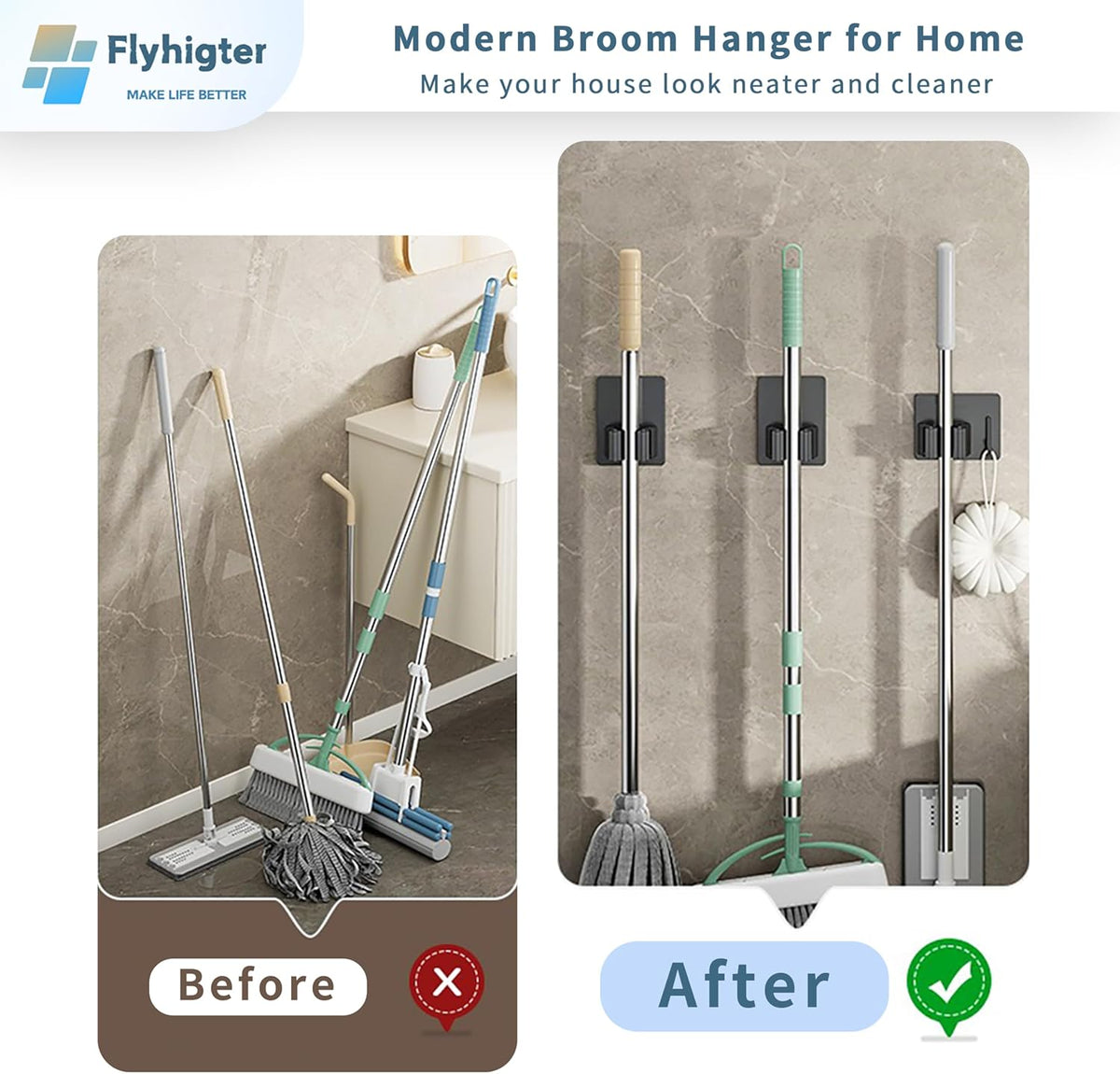 Stainless Steel Mop Holder Wall Mount – 4 Pack Heavy-Duty Broom Organizer with Strong Grip, Adhesive or Nail-Free Glue Installation for Bathroom, Kitchen, Garage