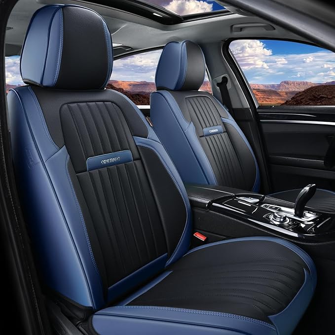 Coverado Car Seat Covers Full Set, Nappa Leather Seat Covers for Cars, Car Seat Cushion Car Seat Protector, Front and Back Seat Protectors Cushions Universal Fit for Most Cars Vehicles(Blue&Black)