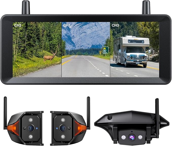 AUTO-VOX Wireless RV Backup Camera System: Rear and Side Coverage on a Large 7.2’‘ HD Monitor, Triple Split View, IR Night Vision, DVR Recording Back up Camera for RV,Travel Trailer,Motorhome,Camper
