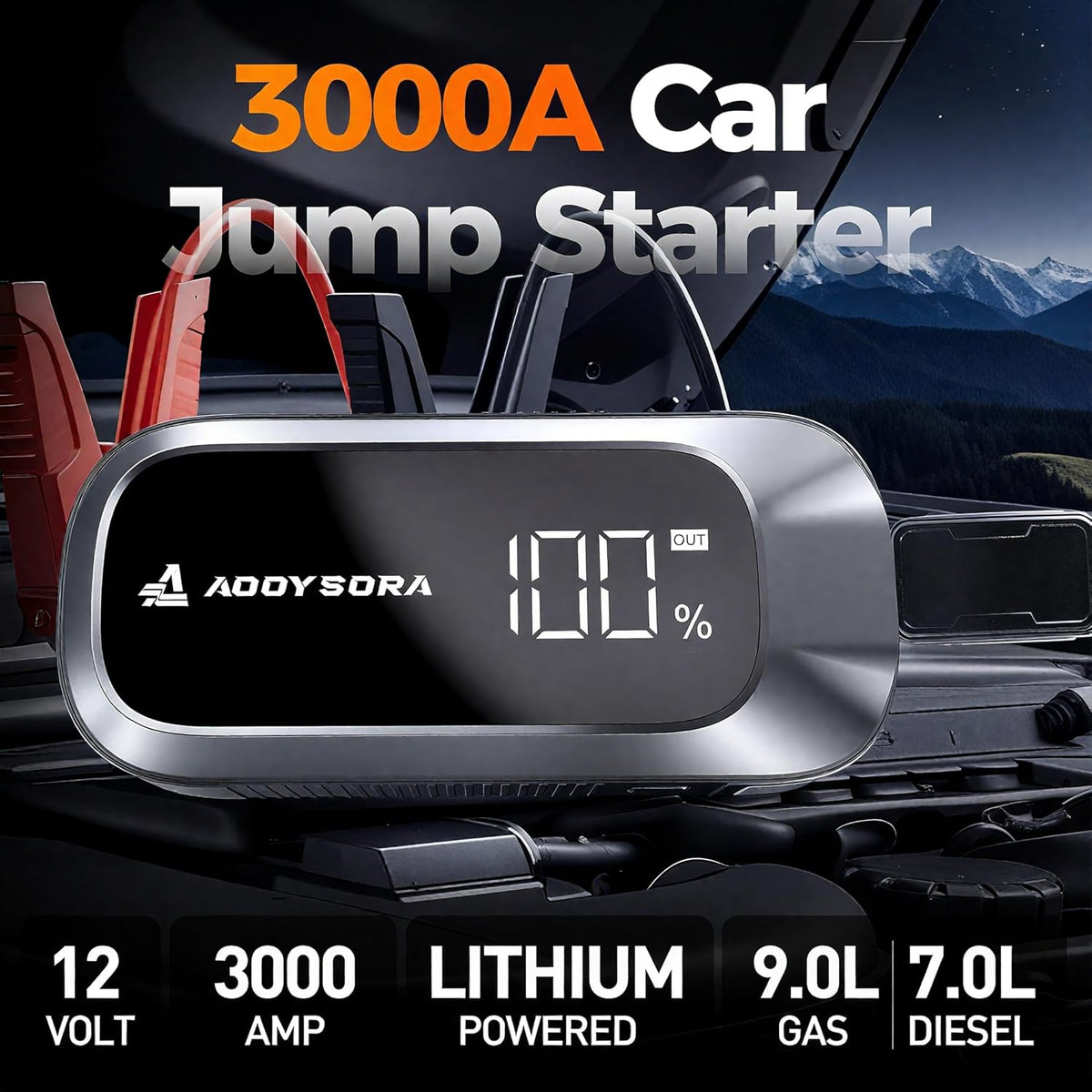 3000A Car Battery Jump Starter,16000mAh Jump Starter Battery Pack Up to 9.0L Gas & 7.0L Diesel, 12V Portable Car Jump Starter with LED Screen/3 Modes Flashlight/Jumper Cable